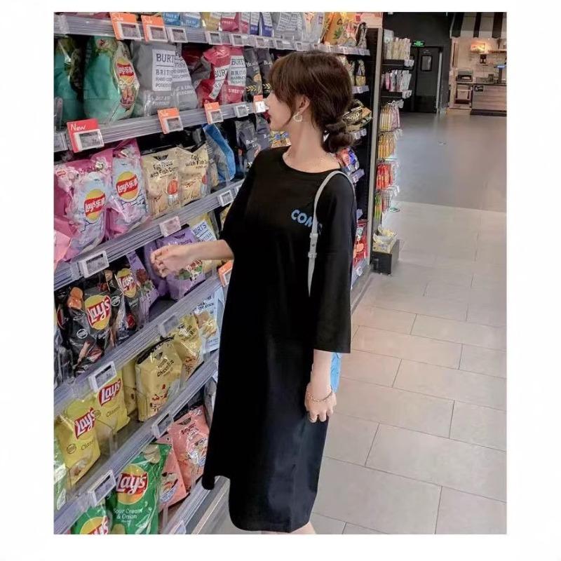 Женское платье с короткими рукавами и буквенным принтом, летнее, с круглым вырезом, свободное, утягивающее, универсальное, повседневное платье