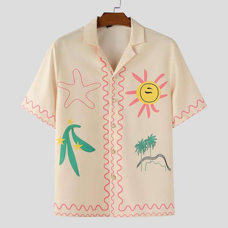 INCERUN S-XXXXXL Мужские рубашки с лацканами, с коротким рукавом, с мультяшным принтом, повседневные, свободного кроя