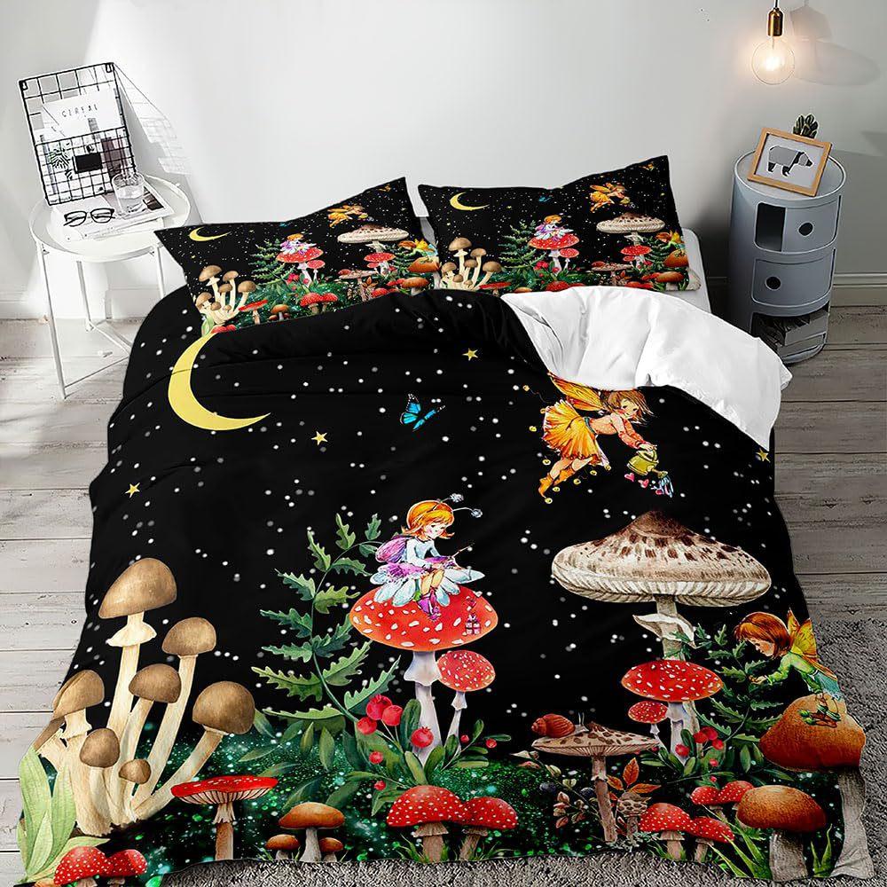 Red Mushroom Three-piece Quilt Cover 3D Digital Printing Bedding Set Green Plant Plant Fungus Bed Cover