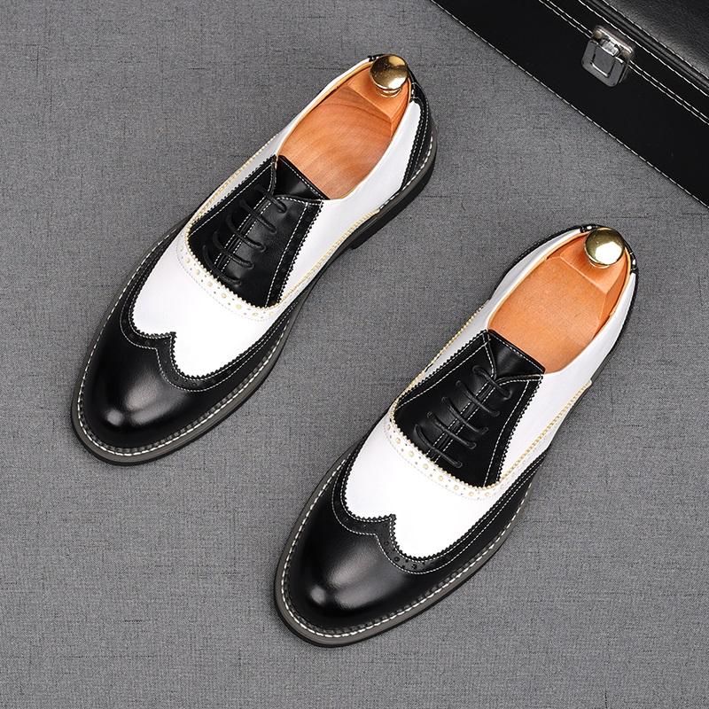 Fashion Fashion New Men's Black White Mixed Patent Leather Oxford Flats Brogues Shoes Male Homecoming Wedding Dress Zapatillas Hombre