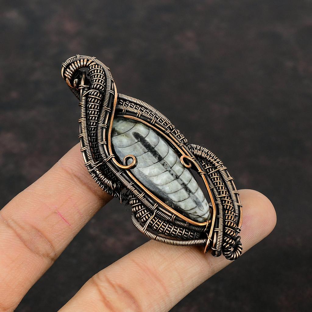 Подвеска Orthoceras Fossil, медная проволочная обертка, подвеска с драгоценным камнем, ручная работа, проволочная обертка, ювелирное изделие, подарок для мамы, уникальное ювелирное изделие из меди