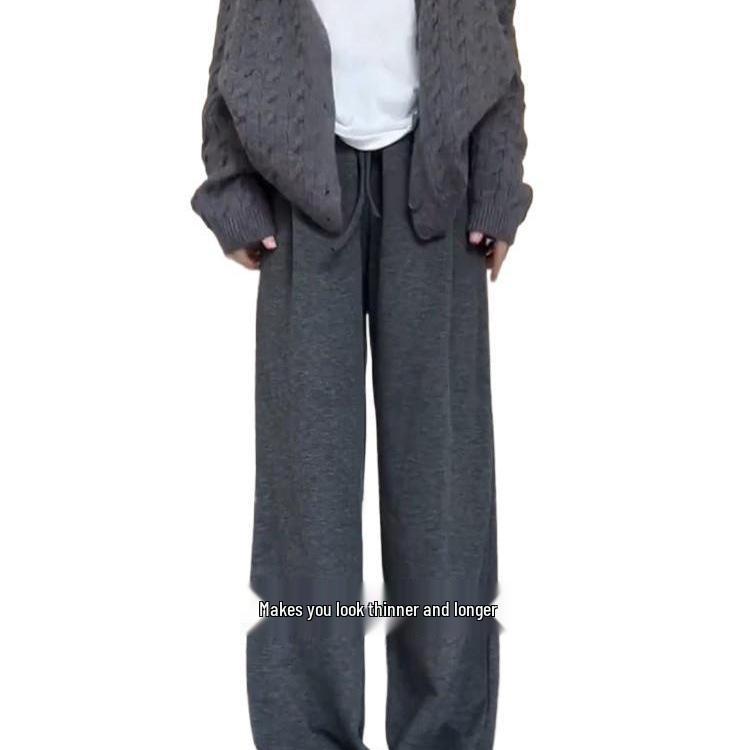 Женские брюки большого размера кофейно-коричневые с широкими штанинами и текстурой липкого риса - Весенне-осенние повседневные длинные брюки свободного кроя