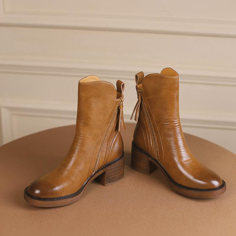 Женские коричневые ботильоны на толстом каблуке, с застежкой-молнией сбоку, на высоком каблуке, с круглым носком, в стиле ретро, челси, ботинки Martin