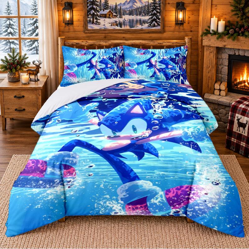 Sonic the Hedgehog Pattern Bedding 3Pcs Set Bed Sheet And Pillowcases For Indoor Bedroom