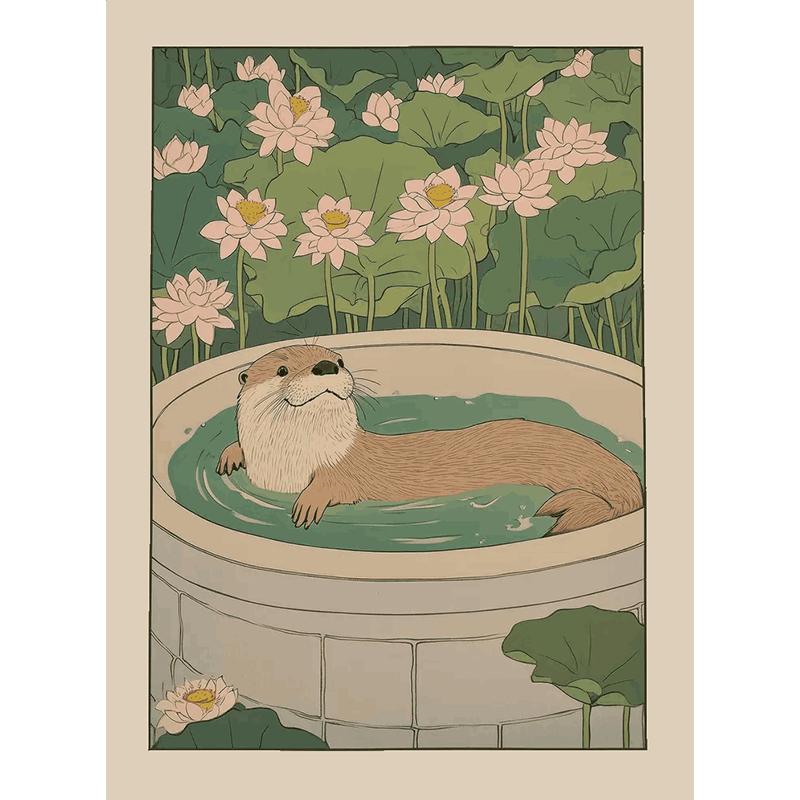 Japanese Bathroom Art Poster Cute Animals in Bathtub Canvas Printed Decorative Painting, Used for Bathroom Decoration, Frameless