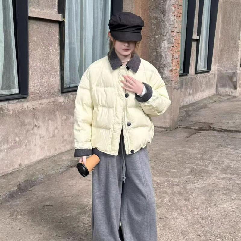 Womens Oversized Down Jacket With Colorblock Collar White Duck Winter Coat Loose Fit Short Length