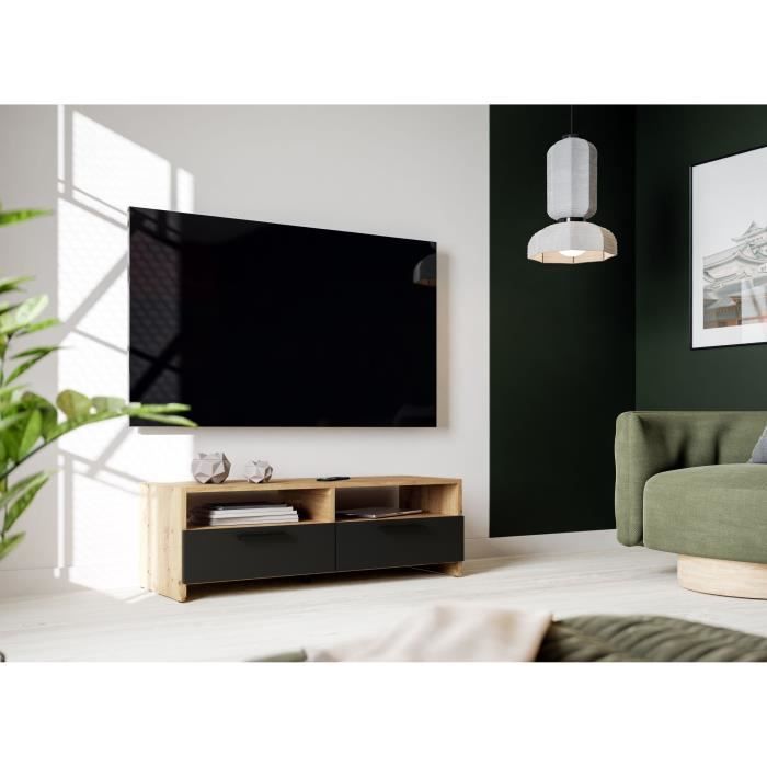 Meuble TV PILVI - Style contemporain - Décor Chêne et Noir - 2 Abattants + 2 niches - L 95 x P 36 x H 34,5 cm