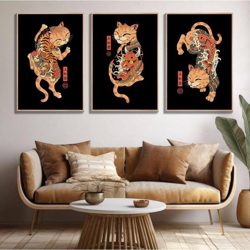 Японский Ретро Стиль Татуировка Самурай Кот Рамен Мультяшные Постеры Принты Холст Картина Настенное Искусство Картина Гостиная Домашний Декор
