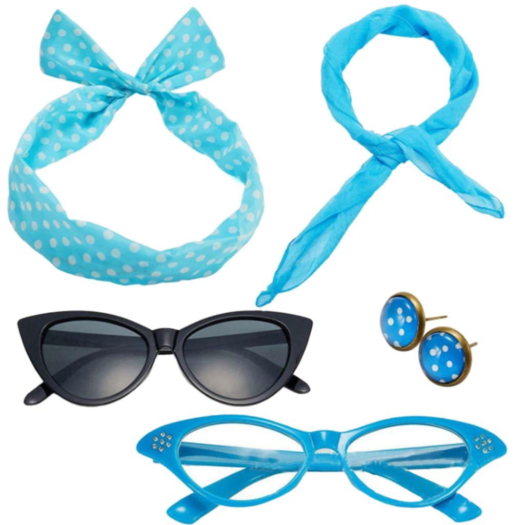 50s Women Costume Accessories Scarf Eye Glasses Headband Earrings Set For 50's Halloween Party
