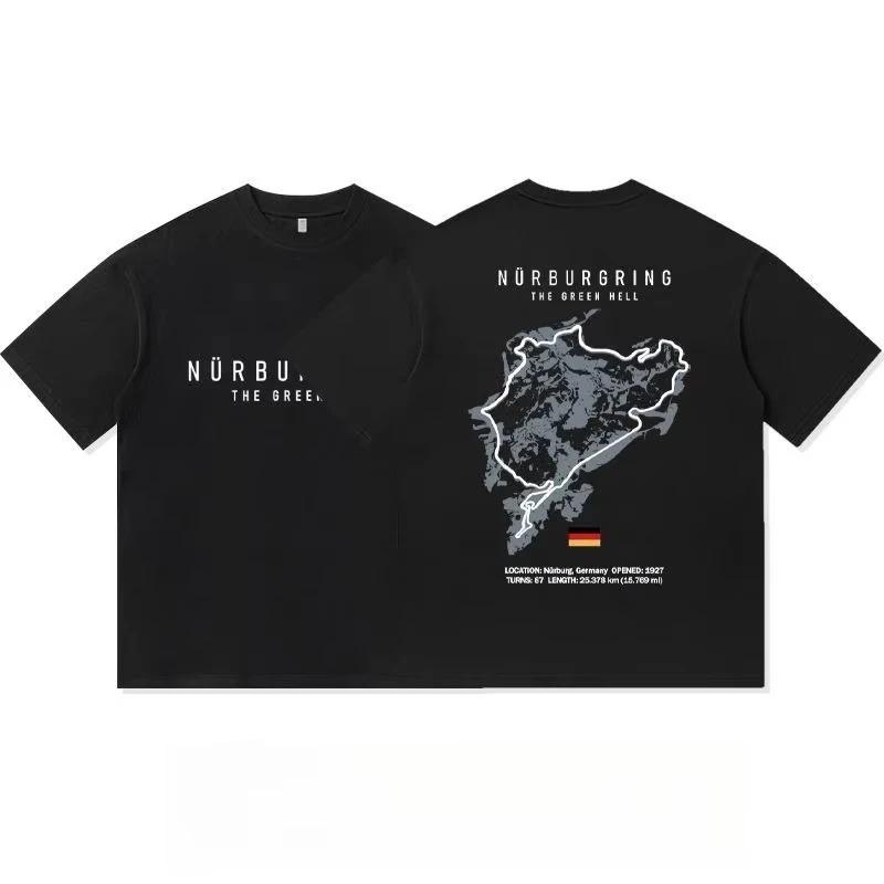 Oversized Short-Sleeve T-Shirt Featuring Nürburgring "The Green Hell" Graphic Print, With Circuit Map & Track Specs, Celebrating German Motorsport