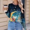 Women's Fashionable Casual Christmas Printed Pleated Comfortable Round Neck Loose Long Sleeve T-Shirt Top