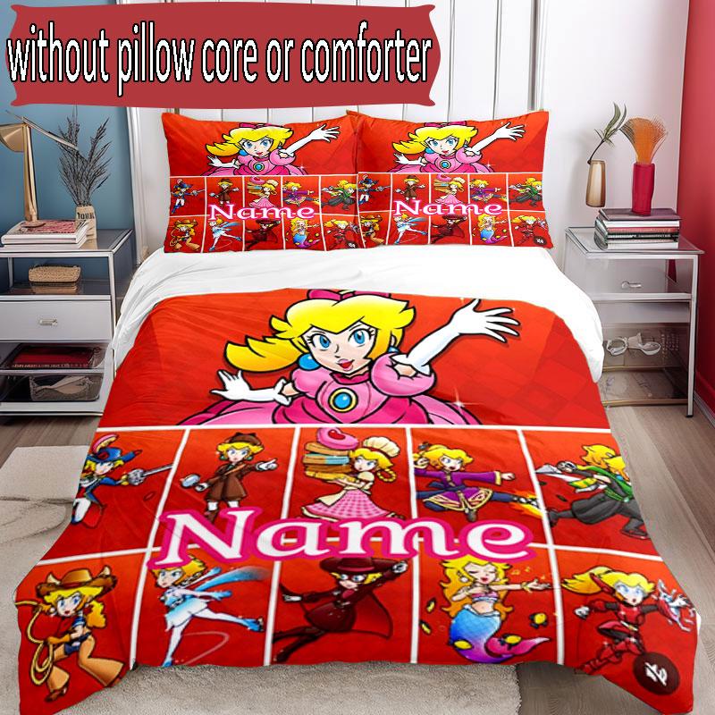 3pcs Duvet Cover Set (1*Duvet Cover + 2*Pillowcase, Without Core), Custom Name Princess Peach Toadstool Pattern Bedding Set, Home Bedroom Decor Gift