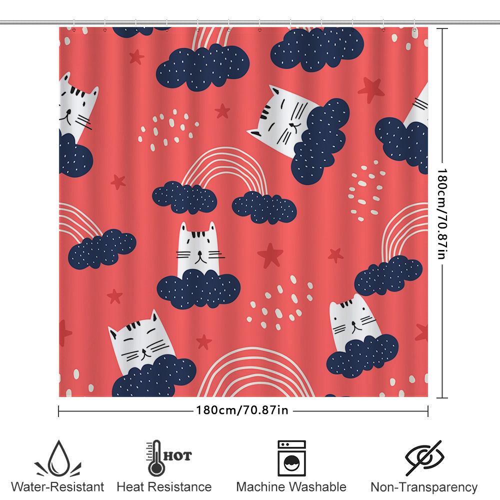 Cute Cats Shower Curtain with Rainbows Waterproof Fabric Print for Home Bath Decor Pink Blue Colorful Design by TaurusDuan