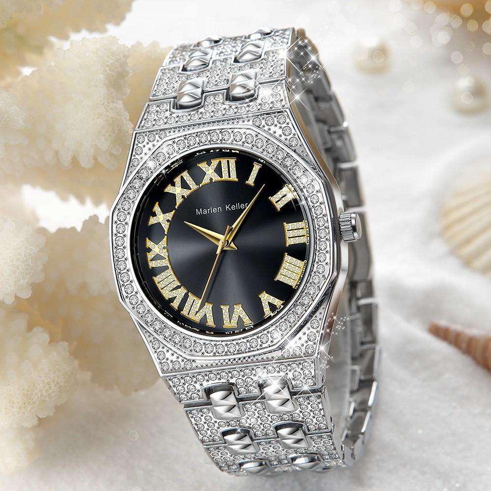 Men's Diamond Quartz Watch Waterproof Iced Out Wristwatch with Roman Numeral Dial, Gold/Silver Bling Hip Hop Watch for Men