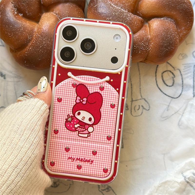 Эстетичный красный чехол для телефона с клубникой My Melody для iPhone 17 16 15 14 Pro Max, милый с точками и клеткой, с подставкой, защитная крышка для W