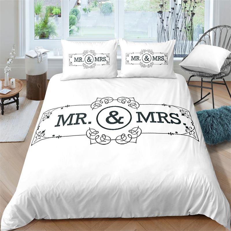 Черно-белый пододеяльник Queen/King/Full Size Mr and Mrs Комплект постельного белья из 3 предметов Мягкий микрофибровый парный романтический пододеяльник