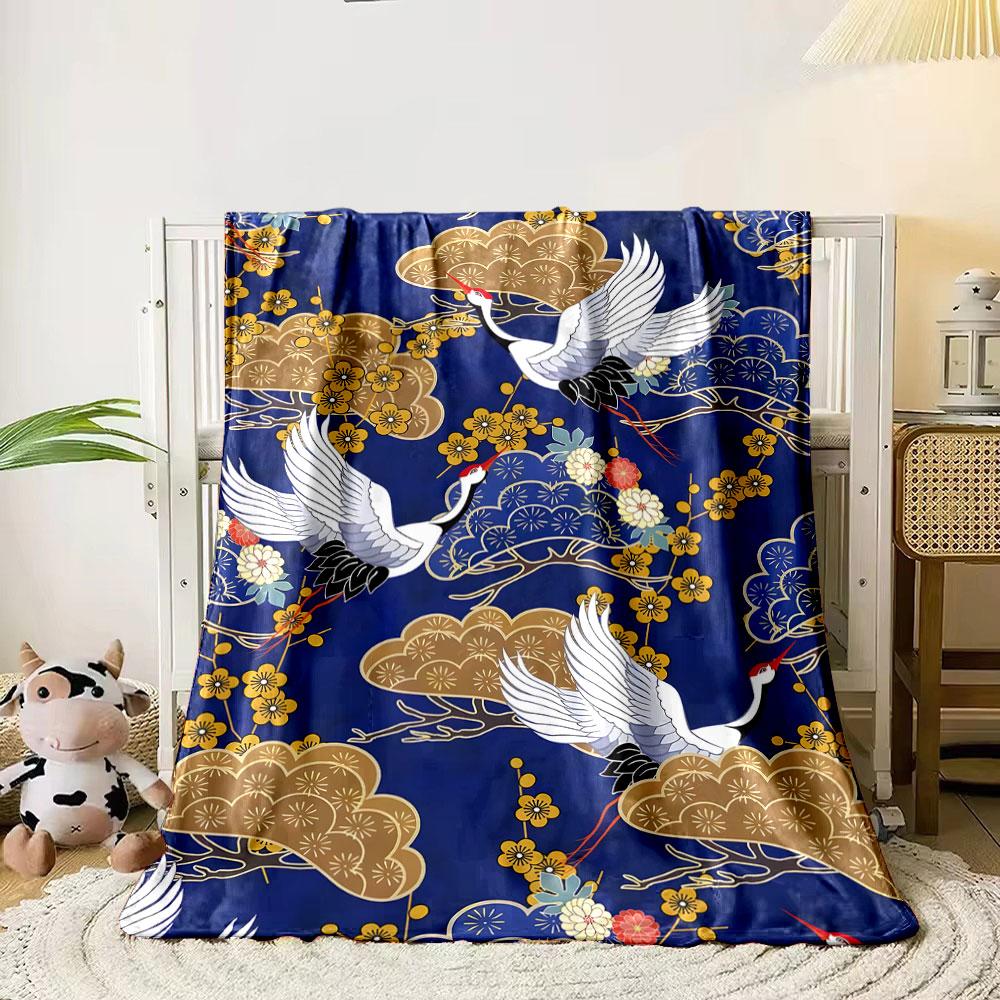 Cranes Plum Blossoms Clouds Print Flannel Blanket bedroom Blanket for Livingroom Couch lunch break Soft throw for Friend's festival Gift