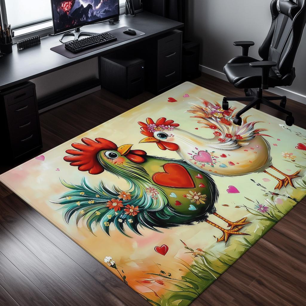 Love Couple Chickens Floral Crystal Velvet Rug Romantic Farmhouse Decor Living Room Floor Mat Cute Animal Print Home Accent