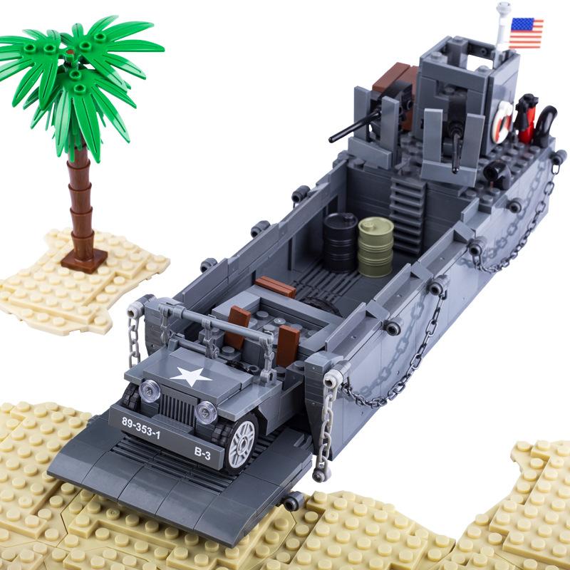 Military Navy Higgins Landing Ship Soldier Minivan Boy Assembled Building Block Toy