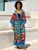 2024 Summer Bohemian Printed Self Belted Kimono Cardigan Dress Women Sexy Swimsuit Bikini Cover-ups Cozy Loungewear Tunic Q1675
