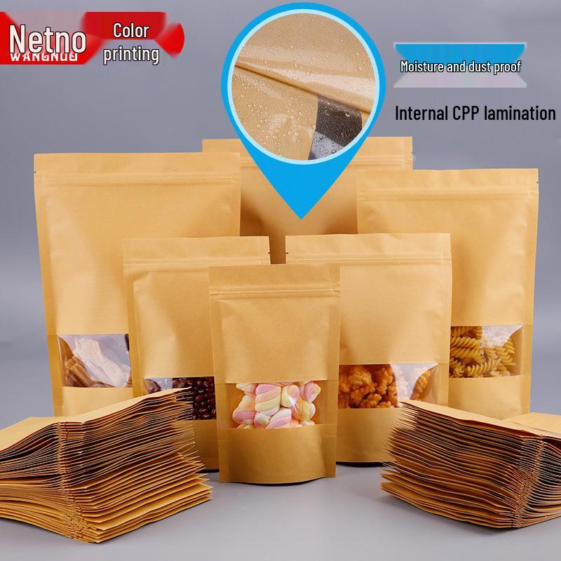 Self-Standing Transparent Window Kraft Paper Food Bag - Moisture-Proof & Self-Sealing for Tea Packaging