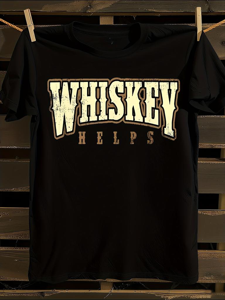 Unisex Vintage Whiskey 'Whiskey Helps' Graphic T-Shirt Mens Tshirt Womens Tshirts with Letters Print Short Sleeves T-Shirt Casual Street Tee Shirt Top