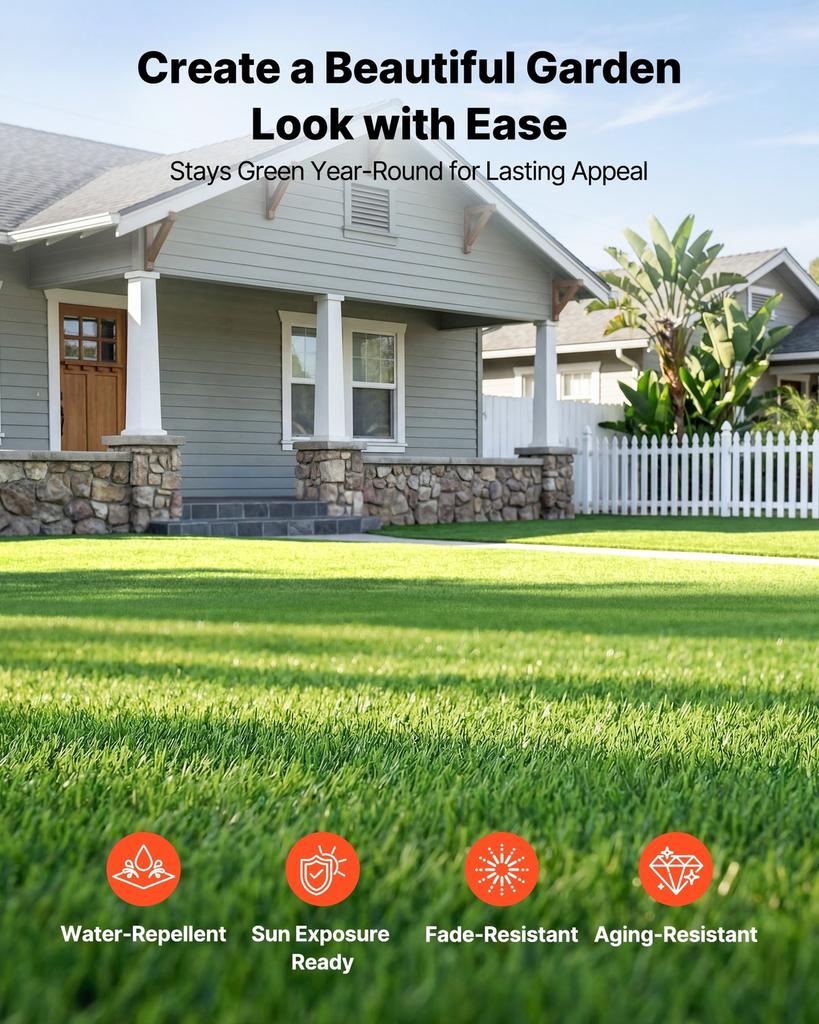 Artificial Grass, 457.2 x 213.36 cm Fake Grass Turf Rug, 3.5 cm Pile Height Realistic Synthetic Lawn Carpet Roll Mat, Easy Clean Drainage Holes for