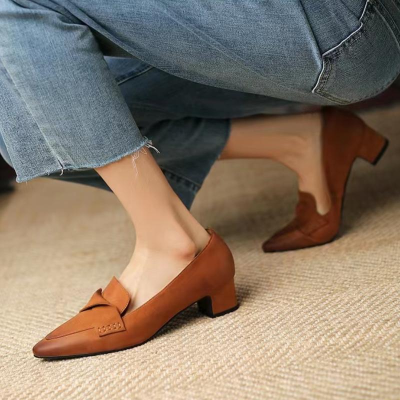 Women Oxford Shoes Square Toe Boat Shoes for Woman Pumps Pleated Slip On Mid Heels Office Ladies Grain Chunky Heels Women Shoes