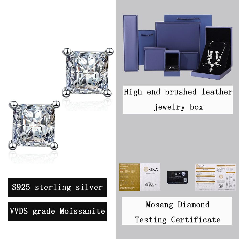 S925 Sterling Silver Princess square Diamond Earrings Set with VVS Mozambique Diamonds Fashionable and Simple Earrings