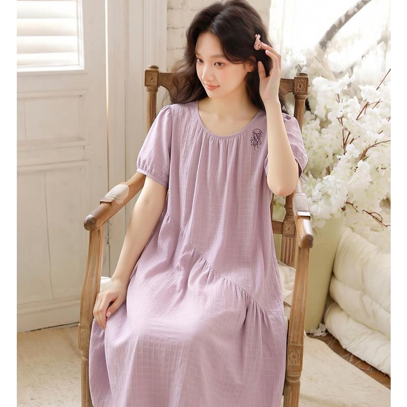 Summer pure cotton pajamas women's round neck short sleeves sweet wind embroidery can be worn outside loose version medium and long nightgown 19