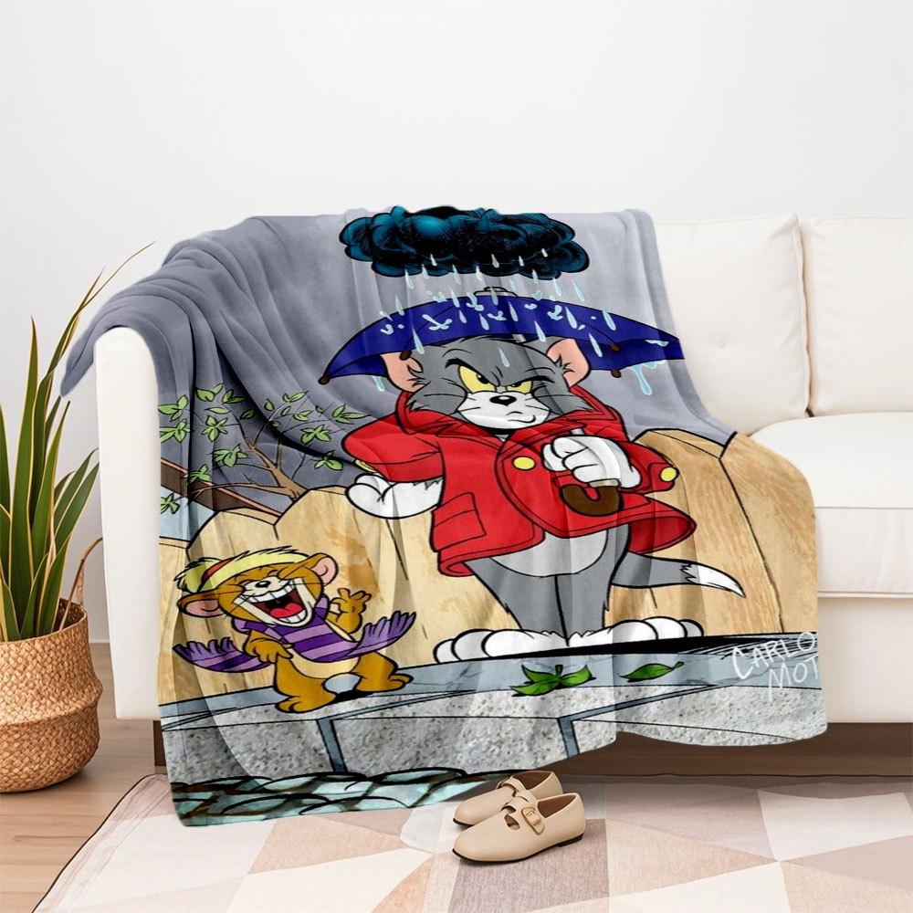 Tom and Jerry Rainy Day Adventure Poster PrintBlanket Flannel Throw Blanket for Sofa, Bed, Travel, Camping, Office