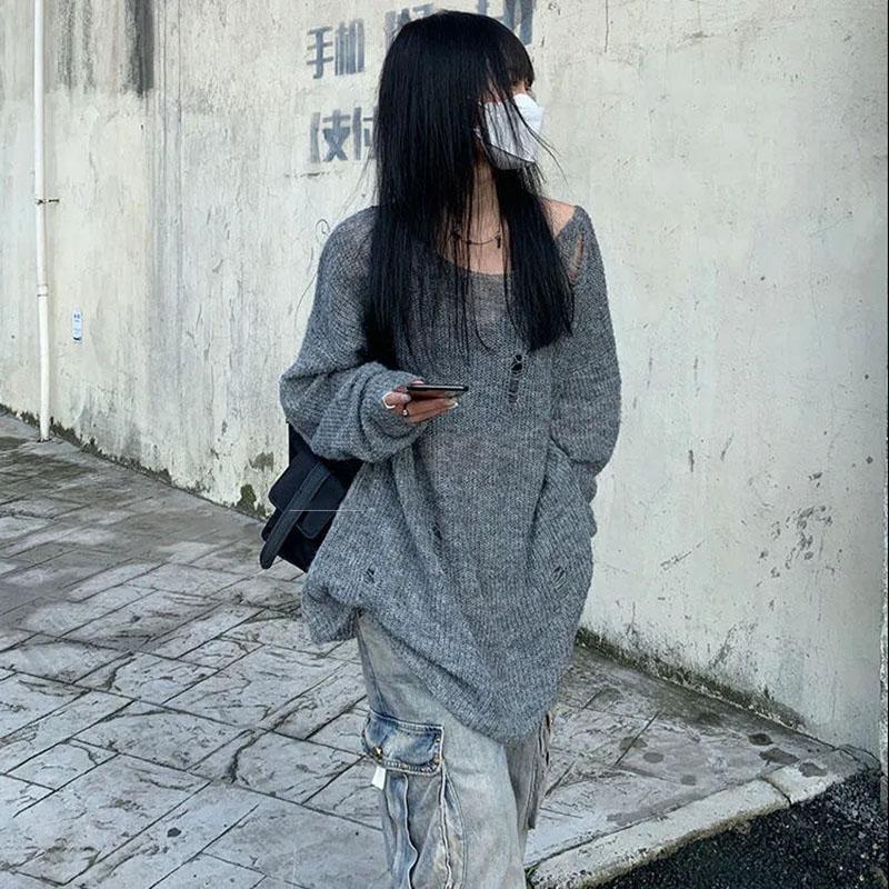 Серый вязаный ажурный свитер с защитой от солнца, женские свободные ветровые топы Y2K, тонкая верхняя одежда, пуловер, готические свитера