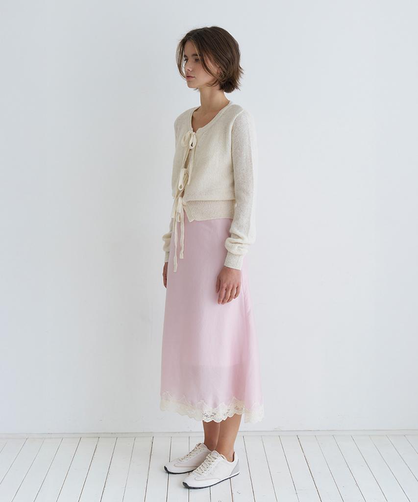 Bember Lace Trim Satin Midi Skirt_Pink