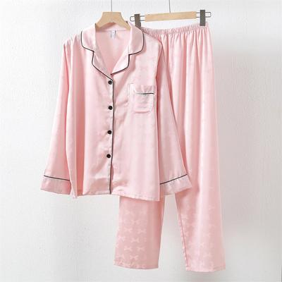 Розовый пижамный комплект с принтом банта, комплект из 2 предметов, женская домашняя одежда из вискозы, брюки с длинным рукавом, домашний костюм с лацканами, ночная одежда, повседневный наряд