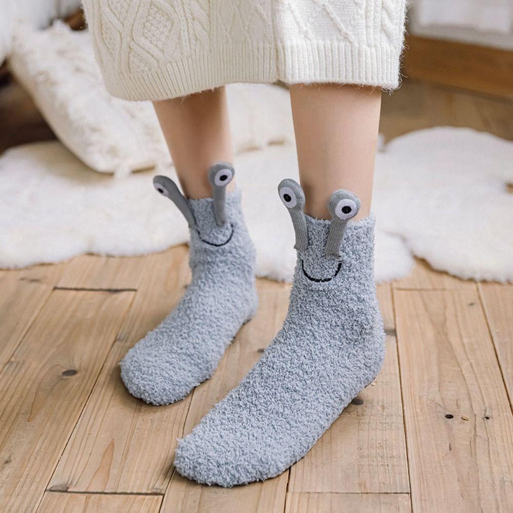 Cartoon Funny Tube Socks 3D Eyes Furry Plush Sock Kawaii Coral Fleece Socks  Girls