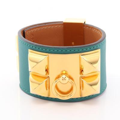 Used Collier De Chien Malachite Bangle Vaux Swift Leather Gold Plated Vaux Swift Leather Green Gold Gold Use