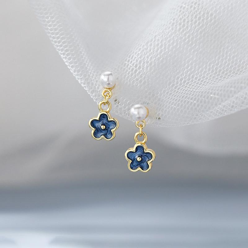 Real 925 Silver Pearl 14K Gold Blue Flower Pendant Stud Earrings For Women Cute Fine Jewelry Light Accessories