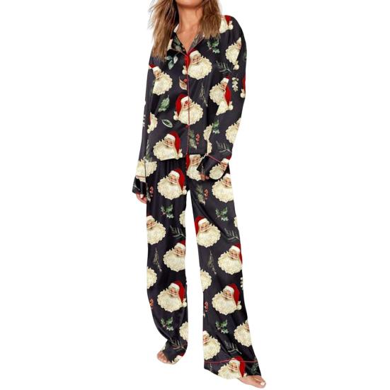 2 Pcs/Set Christmas Women Pajamas Suit Satin Santa Printing Lapel Long Sleeve Top Wide Leg Pants Sleepwear Casual Home Wear Clothes