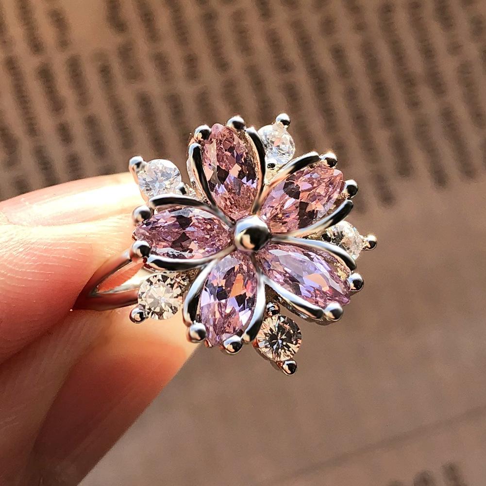 2023 popular personality cherry blossom pink zircon flower ring environmentally friendly alloy silver plated ring female Internet celebrity