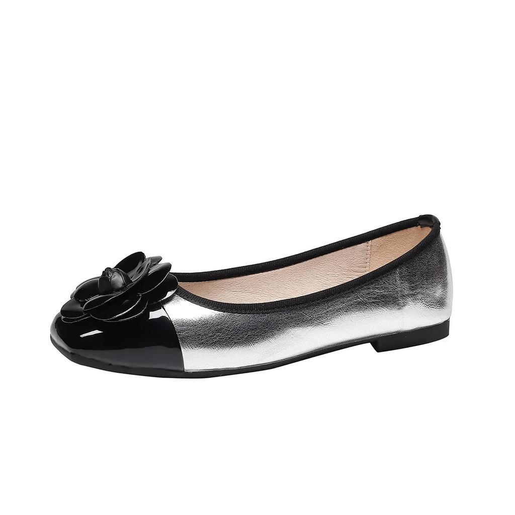 Брендовые дизайнерские туфли на плоской подошве с квадратным носком и серебристым камелием, женские удобные повседневные лоферы с неглубокой подошвой 2024 г.