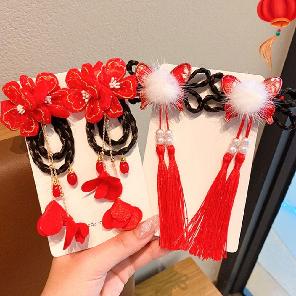 Tassel Chinese New Year Headwear Braid Hair Hanfu Hair Sticks Sweet Red Bow Hairpin  Baby