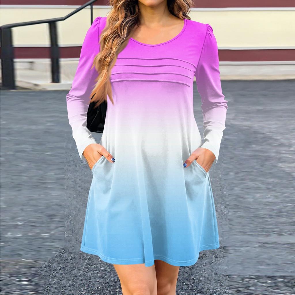 Женское платье с длинным рукавом, осеннее повседневное, футболка, свободного кроя, с плиссировкой спереди, платья с карманами