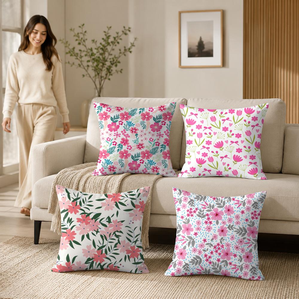 Pink Floral Pattern Cushion Cover Silky Short Plush Invisible Zipper Dustproof Sofa Pillow Case For Home Decor