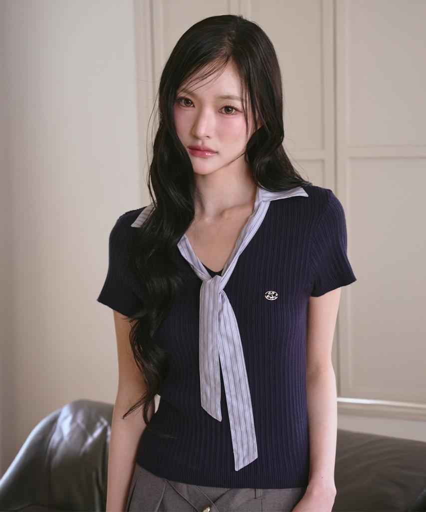 THE GREEN LAB Ribbon Tie Layered Short Sleeve Knit [Navy]
