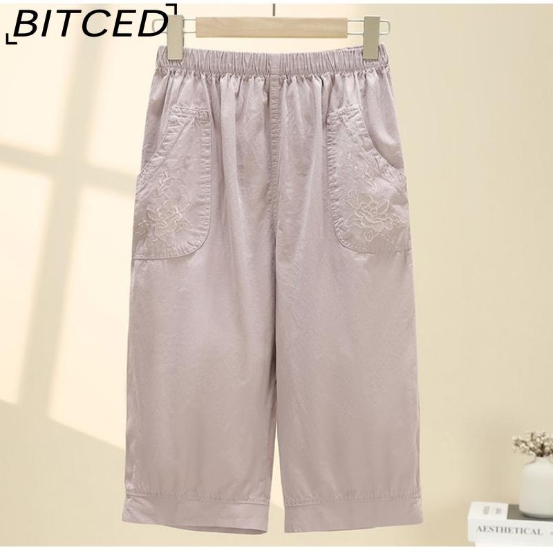 BITCED Летние женские брюки прямого кроя с эластичной талией, для женщин среднего и пожилого возраста, с высокой посадкой, из стираного хлопка, укороченные брюки больших размеров
