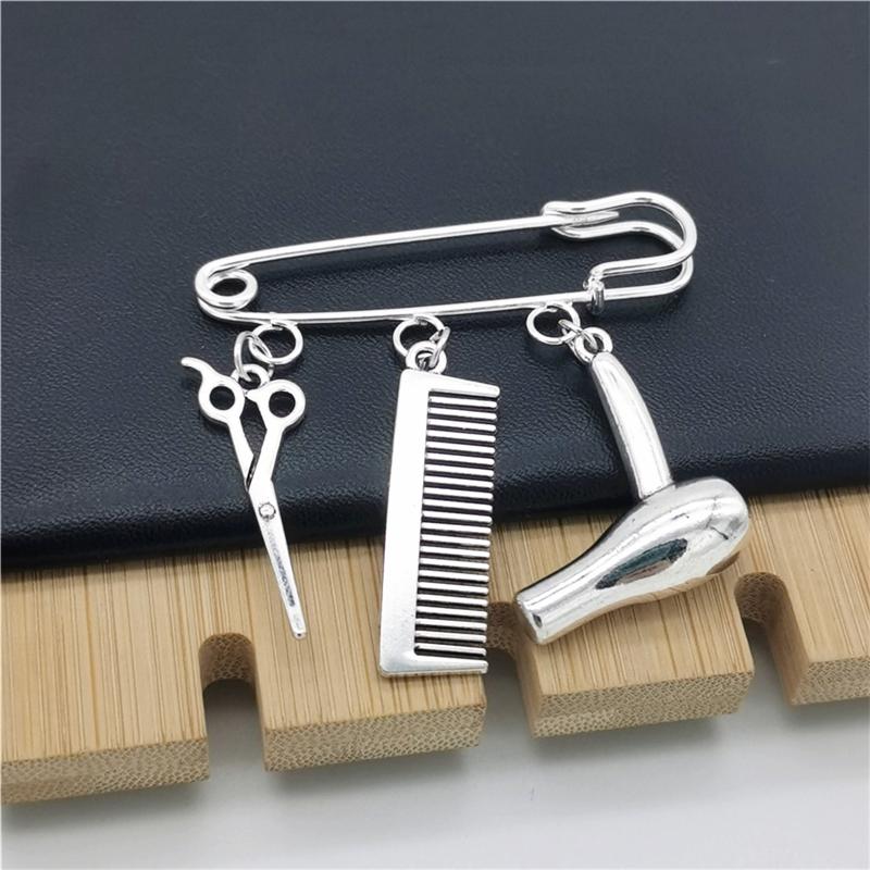 Серебряная брошь-подвеска для парикмахера с подвесками в виде фена, ножниц и расчески