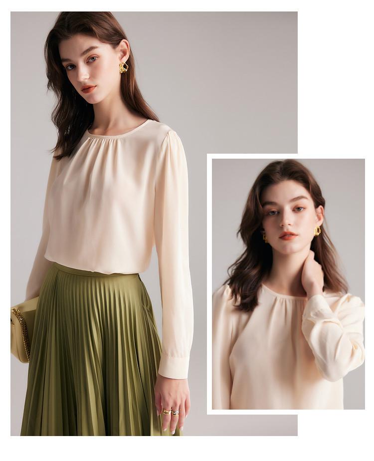 100% Mulberry Silk Spring Round Neck Simple Silk Long Sleeve Shirt for Women
