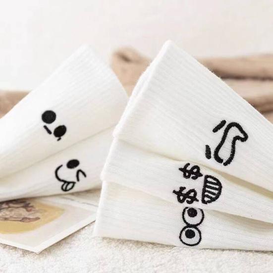 5 Pairs Unisex Winter Socks Cartoon Countenance Embroidery Mid-tube High Elasticity Wrapping Anti-slip Floor Socks Comfort Warmth Sleeping Socks