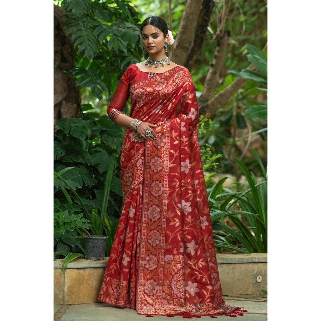 Мягкое льняное шелковое сари с красивой тканой каймой зари и зари-паллу с необычными кисточками и блузкой для бега.