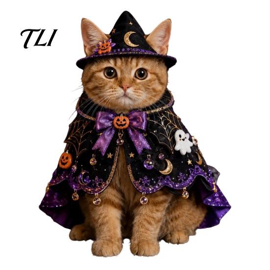 Cute Pet Apparel Halloween Cat Witch Costume, Ghost Cloak, Funny Adjustable Clothing Festival Outfit, Kitty Cosplay Cape for Holiday Party Accessories